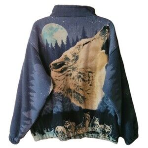 Cabin Fever Fleece Jacket Mens L Blue Howling Wolf AOP Full Zip Tribal Outdoor